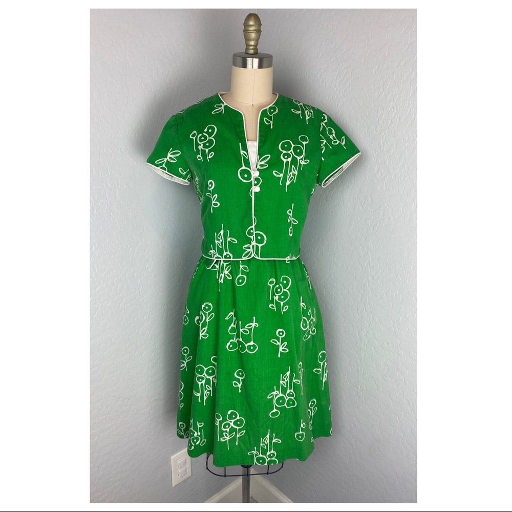 Vintage Lanz Green & White 3 Piece Dress, Belt, & Jacket Set